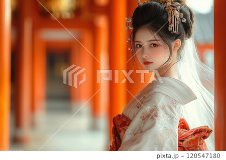 白い着物と赤い袴の巫女：鳥居と朝陽が彩る日本の神秘的な瞬間 120547180