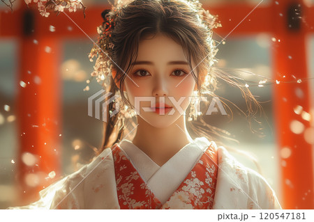 白い着物と赤い袴の巫女：鳥居と朝陽が彩る日本の神秘的な瞬間 120547181