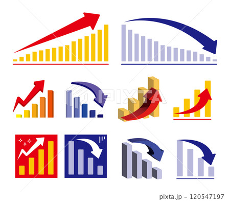 上昇と下降する赤矢印と青矢印のアイコンイラストセット 120547197