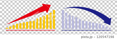 Illustration of a graph with an ascending red arrow and a descending blue arrow Bar graph (up and down) 120547198