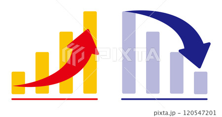 上昇する赤矢印と下降する青矢印のグラフのアイコンイラスト　棒グラフ（アップとダウン） 120547201