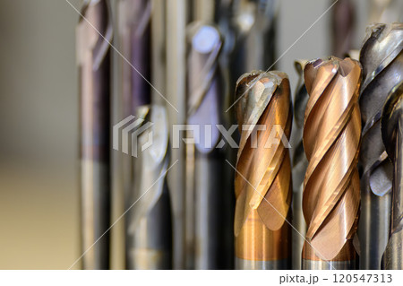 Close-up scene the group of used  cutter end mill tools. 120547313