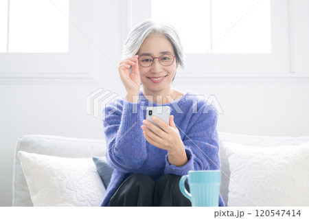 スマホを持って画面を見るグレイヘアの高齢者のイメージ　クローズアップ 120547414