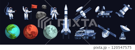 Cartoon cosmos exploration elements. Space research, rockets, satellites and lunar rover, astronauts in spacesuits, planets adventure, Earth and moon. Isolated flat objects tidy vector set 120547575