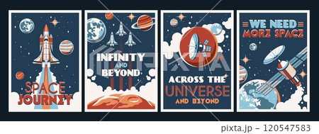 Space explore posters. Astronomy and cosmos research, universe galaxy adventures, rockets, satellites, stations and planets, banner or card design, cartoon flat isolated tidy vector set 120547583