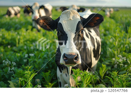 Black and white cow is standing in a field of green grass 120547766