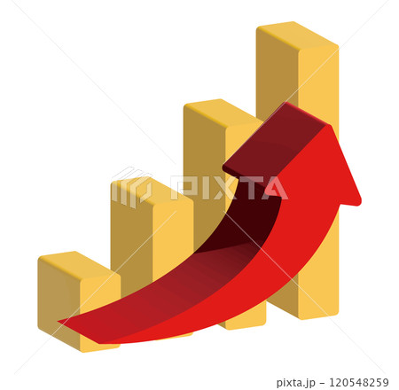 立体グラフの右上に伸びる赤矢印イラスト アップする棒グラフイラスト 立体グラフの右上に伸びる赤矢印イラスト アップする棒グラフイラスト 120548259