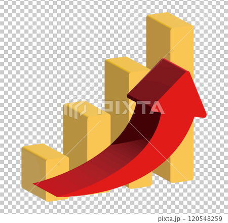 立体グラフの右上に伸びる赤矢印イラスト アップする棒グラフイラスト 立体グラフの右上に伸びる赤矢印イラスト アップする棒グラフイラスト 120548259