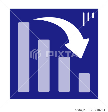 斜め右下にジグザクに下降する青矢印のアイコンイラスト　減少する棒グラフ 120548261