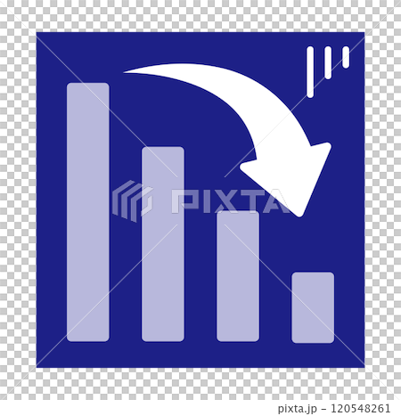 斜め右下にジグザクに下降する青矢印のアイコンイラスト　減少する棒グラフ 120548261