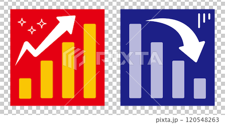 Icon illustration of rising and falling red and blue arrows, bar graph going up and down 120548263