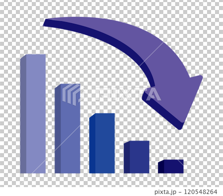 帶有下降藍色箭頭、遞減長條圖的圖形 3D 插圖 帶有下降藍色箭頭、遞減長條圖的圖形 3D 插圖 120548264