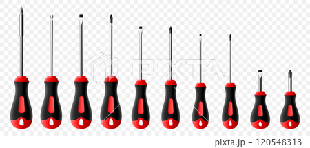 Set of screwdrivers isolated on transparent background. Black and red long and short screwdrivers. Metal tool for Home Repairs and Mechanical Work. Realistic 3d vector illustration. 120548313