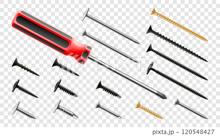 Screwdriver with screws and bolts isolated on transparent background. Black and yellow long screwdrivers. Metal tool for Home Repairs and Mechanical Work. Realistic 3d vector illustration. Screwdriver with screws and bolts isolated on transparent background. Black and yellow long screwdrivers. Metal tool for Home Repairs and Mechanical Work. Realistic 3d vector illustration. 120548427