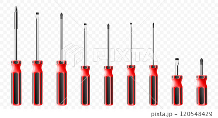 Set of screwdrivers isolated on transparent background. Black and red long and short screwdrivers. Metal tool for Home Repairs and Mechanical Work. Realistic 3d vector illustration. Set of screwdrivers isolated on transparent background. Black and red long and short screwdrivers. Metal tool for Home Repairs and Mechanical Work. Realistic 3d vector illustration. 120548429