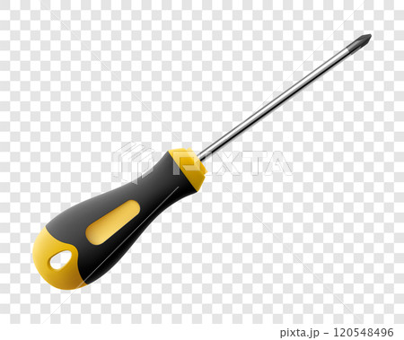 Phillips screwdriver isolated on transparent background. Black and yellow short screwdrivers. Metal tool for Home Repairs and Mechanical Work. Realistic 3d vector illustration. Phillips screwdriver isolated on transparent background. Black and yellow short screwdrivers. Metal tool for Home Repairs and Mechanical Work. Realistic 3d vector illustration. 120548496