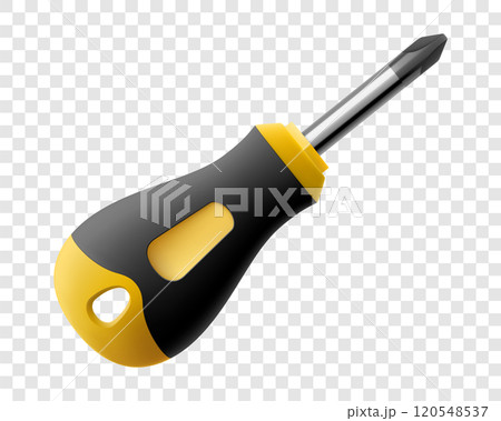 Phillips screwdriver isolated on transparent background. Black and yellow short screwdrivers. Metal tool for Home Repairs and Mechanical Work. Realistic 3d vector illustration. Phillips screwdriver isolated on transparent background. Black and yellow short screwdrivers. Metal tool for Home Repairs and Mechanical Work. Realistic 3d vector illustration. 120548537