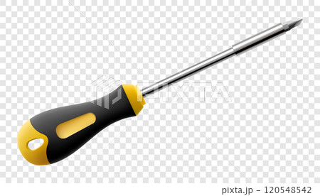 Screwdriver isolated on transparent background. Black and yellow long screwdrivers. Metal tool for Home Repairs and Mechanical Work. Realistic 3d vector illustration. Screwdriver isolated on transparent background. Black and yellow long screwdrivers. Metal tool for Home Repairs and Mechanical Work. Realistic 3d vector illustration. 120548542