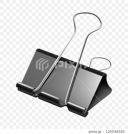 Metal black papers clip. Black paper clip. Steel office supplies, paper holder isolated on transparent background. Realistic 3d vector illustration Metal black papers clip. Black paper clip. Steel office supplies, paper holder isolated on transparent background. Realistic 3d vector illustration 120548585