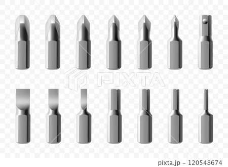 Isometric set of metal bits for screwdriver isolated on white background. Bits for electric drill or cordless screwdriver. Hand tools for repair. Bits for bolts and screws. Realistic 3d vector Isometric set of metal bits for screwdriver isolated on white background. Bits for electric drill or cordless screwdriver. Hand tools for repair. Bits for bolts and screws. Realistic 3d vector 120548674