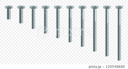 Set of steel bolts and hex nut isolated on white background. stainless steel bolt and nut icon. Set of isometric screw-nuts and bolts. Realistic 3d vector illustration Set of steel bolts and hex nut isolated on white background. stainless steel bolt and nut icon. Set of isometric screw-nuts and bolts. Realistic 3d vector illustration 120548680