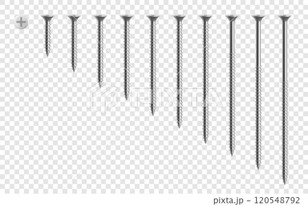 Set of metal screw,isolated on transparent background. Universal black steel screws. Realistic 3d Vector illustration 120548792