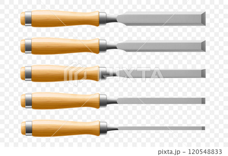 Set of chisels, carpentry hand tools for woodworking and wood carving. Stand for working with wood. Chisels with wooden handle isolated on transparent background. Realistic 3d Vector illustration. Set of chisels, carpentry hand tools for woodworking and wood carving. Stand for working with wood. Chisels with wooden handle isolated on transparent background. Realistic 3d Vector illustration. 120548833