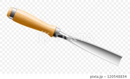 Chisel, carpentry hand tools for woodworking and wood carving. Stand for working with wood. Chisel with wooden handle isolated on transparent background. Realistic 3d Vector illustration. Chisel, carpentry hand tools for woodworking and wood carving. Stand for working with wood. Chisel with wooden handle isolated on transparent background. Realistic 3d Vector illustration. 120548834