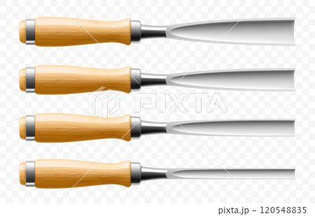 Set of chisels, carpentry hand tools for woodworking and wood carving. Stand for working with wood. Chisels with wooden handle isolated on transparent background. Realistic 3d Vector illustration. 120548835