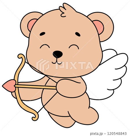 Valentine Baby Bear with Cupid wings, holding a bow and heart arrow in a charming flat design. This adorable illustration embodies love and romance for Valentine themes. Valentine Baby Bear with Cupid wings, holding a bow and heart arrow in a charming flat design. This adorable illustration embodies love and romance for Valentine themes. 120548843