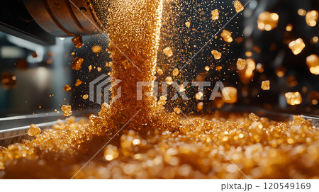 Brown sugar pours from a processing machine into a container, showcasing its rich color and texture in a production facility setting 120549169