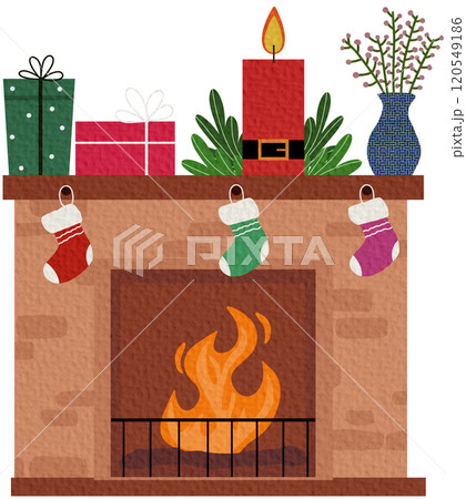 A cozy fireplace with socks and gifts for Christmas or the new year, with a decor of candles and a hot mug of tea on a white background in the style of a flat A cozy fireplace with socks and gifts for Christmas or the new year, with a decor of candles and a hot mug of tea on a white background in the style of a flat 120549186