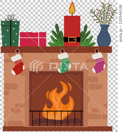 A cozy fireplace with socks and gifts for Christmas or the new year, with a decor of candles and a hot mug of tea on a white background in the style of a flat A cozy fireplace with socks and gifts for Christmas or the new year, with a decor of candles and a hot mug of tea on a white background in the style of a flat 120549186