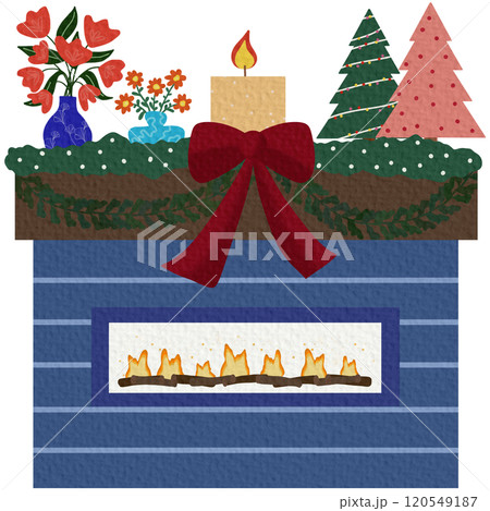A cozy fireplace with socks and gifts for Christmas or the new year, with a decor of candles and a hot mug of tea on a white background in the style of a flat 120549187