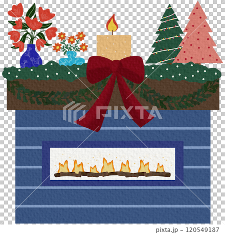 A cozy fireplace with socks and gifts for Christmas or the new year, with a decor of candles and a hot mug of tea on a white background in the style of a flat 120549187