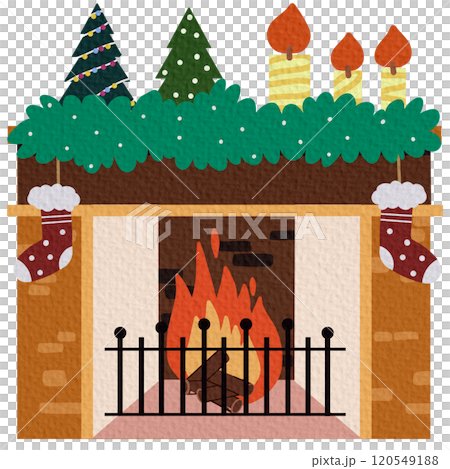 A cozy fireplace with socks and gifts for Christmas or the new year, with a decor of candles and a hot mug of tea on a white background in the style of a flat 120549188
