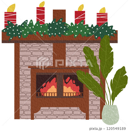 A cozy fireplace with socks and gifts for Christmas or the new year, with a decor of candles and a hot mug of tea on a white background in the style of a flat A cozy fireplace with socks and gifts for Christmas or the new year, with a decor of candles and a hot mug of tea on a white background in the style of a flat 120549189