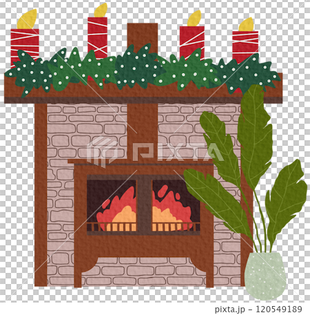 A cozy fireplace with socks and gifts for Christmas or the new year, with a decor of candles and a hot mug of tea on a white background in the style of a flat 120549189