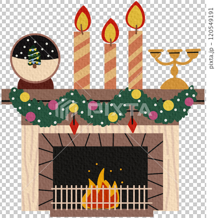 A cozy fireplace with socks and gifts for Christmas or the new year, with a decor of candles and a hot mug of tea on a white background in the style of a flat A cozy fireplace with socks and gifts for Christmas or the new year, with a decor of candles and a hot mug of tea on a white background in the style of a flat 120549191