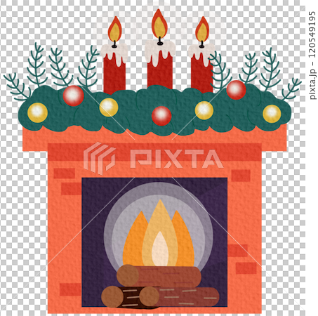 A cozy fireplace with socks and gifts for Christmas or the new year, with a decor of candles and a hot mug of tea on a white background in the style of a flat 120549195