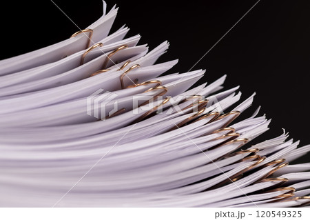 white blank sheets of paper connected by copper staples 120549325