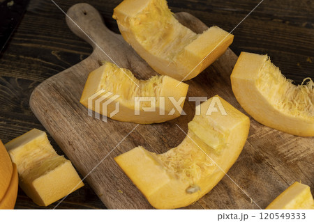 orange pumpkin fruit details cut into pieces for cooking 120549333
