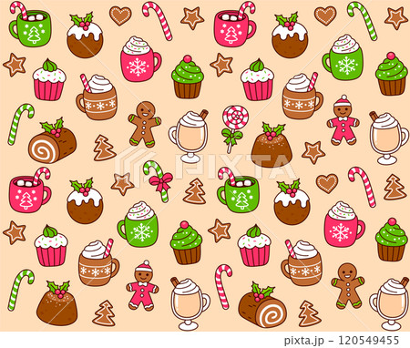 Christmas desserts doodles seamless pattern 120549455