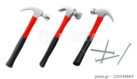 Carpenter's hammers with nails, isolated on white background. Fitter's or locksmith's hammer in different angles. Isometric illustration. Realistic 3d vector design 120549664