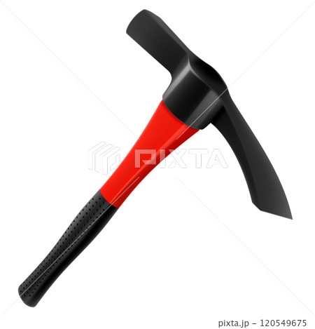 Pickaxe hammer isolated on white background. Rock hammer tool. Hand percussion tool for master stonemasons, builders, sculptors for processing various types of stone. Realistic 3D vector illustration Pickaxe hammer isolated on white background. Rock hammer tool. Hand percussion tool for master stonemasons, builders, sculptors for processing various types of stone. Realistic 3D vector illustration 120549675