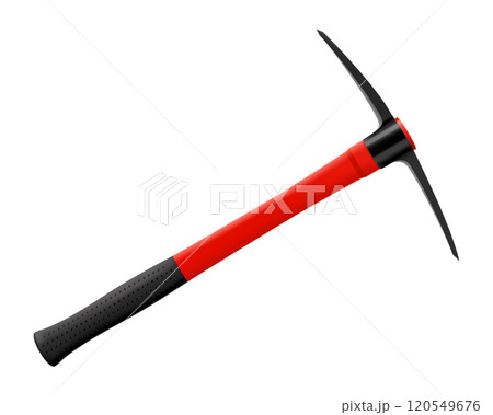 Pickaxe hammer or pick axe isolated on white background. Geological rock pick hammer. Hand percussion tool for master stonemasons, builders, sculptors for processing of stone. Realistic 3D vector Pickaxe hammer or pick axe isolated on white background. Geological rock pick hammer. Hand percussion tool for master stonemasons, builders, sculptors for processing of stone. Realistic 3D vector 120549676