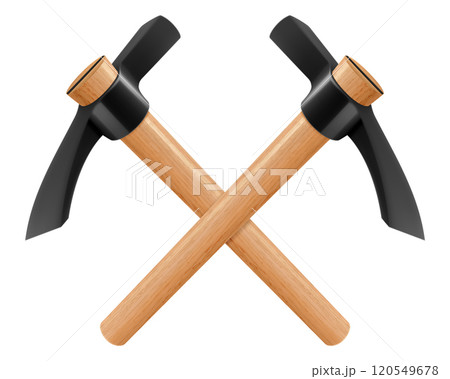Crossed pickaxe hammers isolated on white background. Hand percussion tool for master stonemasons, builders, sculptors for processing various types of stone. Realistic 3D vector illustration Crossed pickaxe hammers isolated on white background. Hand percussion tool for master stonemasons, builders, sculptors for processing various types of stone. Realistic 3D vector illustration 120549678