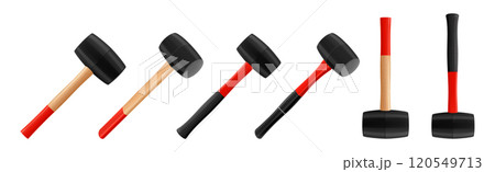Set of rubber hammers, isolated on white background. Tile mallets. Hand tools for laying tiles and stones. Tool for straightening work. Realistic 3d vector illustration Set of rubber hammers, isolated on white background. Tile mallets. Hand tools for laying tiles and stones. Tool for straightening work. Realistic 3d vector illustration 120549713