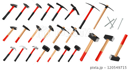 Set of hammers and pickaxe, sledge hammers, rubber mallets, steel nails, isolated on white. Working tool of carpenter, builder. Tools for hammering nails and breaking objects Realistic 3d vector 120549715