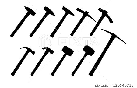 Set of instruments: sledge hammer, hammer, wooden mallet. Working tool of carpenter, builder. Tools with wooden handles and steel base, for hammering nails and breaking objects. Vector illustration. Set of instruments: sledge hammer, hammer, wooden mallet. Working tool of carpenter, builder. Tools with wooden handles and steel base, for hammering nails and breaking objects. Vector illustration. 120549716